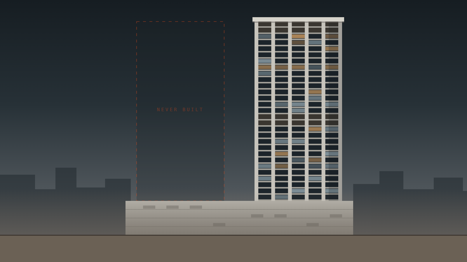 Drawing of the James Monroe Building at dusk: a 29-storey tower of pale
                concrete piers and dark glazing standing on a four-level parking deck,
                with the outline of the twin tower that was never built beside it.
